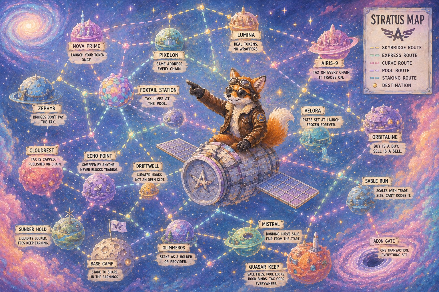 An illustrated star map of the Stratus modules. Labelled worlds trace the path a launch takes: the token is launched once and holds the same address on every chain, its tax lives at the pool rather than in the token so bridges are never charged, hooks come from a curated list, liquidity locks while its fees keep earning, and a bonding curve sale settles into a locked pool in a single transaction.